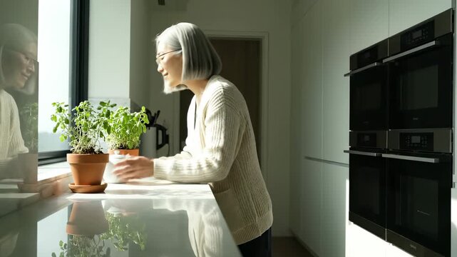woman tends plant on kitchen counter by window. watering ritual with mug and pot beside oven. plant leaves lean toward sunlight. greenery and ceramic accessory complement modern interior. leaf detail.