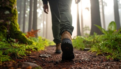 Person hiking a path in a forest, light shines through the trees, boots on the dirt trail, focused ground level