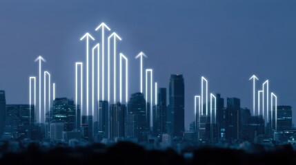 Fototapeta premium Urban Skyline with Arrows Indicating Growth and Progress at Dusk in a Modern Cityscape