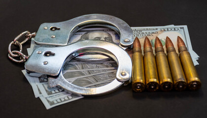 Metal handcuffs and rifle bullets with dollar banknotes symbolizing crime power and corruption