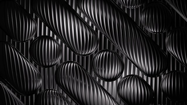 Modern black bubbles intersected by sharp diagonal grooves, creating a futuristic grid. 3D render illustration.
