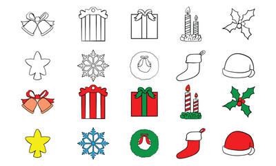 Hand Drawn Christmas Decoration Icons Set — Cute Handwriting Line and Color Doodle Vector
