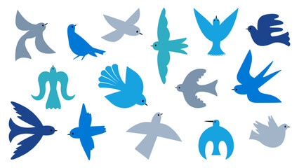 Simple birds silhouettes. Modern art style flying bird, dove and swallow. Minimalistic style pigeon, decorative scandinavian folk nowaday vector set