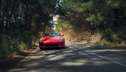 Red Sports Car Driving Through Forest Road at Sunrise &mdash; Motion Blur, Speed, Scenic Nature Drive, Dynamic Automotive Photography