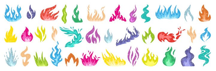 Hand drawn fires. Colored pencil fire flames, children style drawing elements. Campfires, heat or hot symbols. Chalk doodle neoteric vector clipart