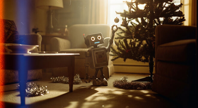 Retro robot decorating Christmas tree with ornaments in cozy living room with warm sunlight and holiday decor