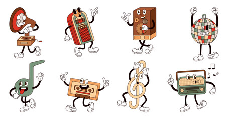 Retro characters music. Groovy style stickers, various emotion funny character. Party musical mascots, disco ball, radio, isolated neoteric vector set