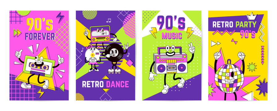 Music retro groovy banners. 80s 90s vibrant poster with cute characters, disco ball, vinyl record, cassette. Nostalgia party neoteric vector template