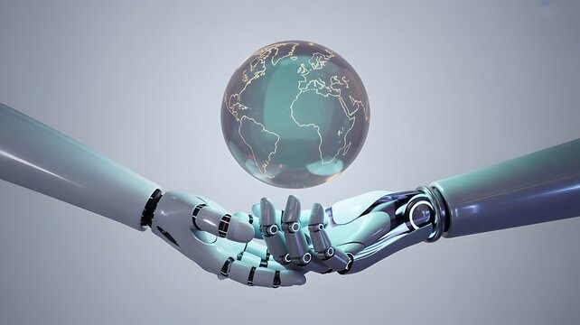 Robotic hands gently holding a glowing digital globe, symbolizing artificial intelligence and global connectivity - Powered by Adobe