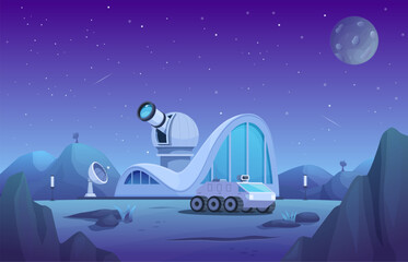 Space station on planet in universe. Cosmic futuristic city, astronomical scientific research. Observatory with telescope, planet rover, sapid vector scene