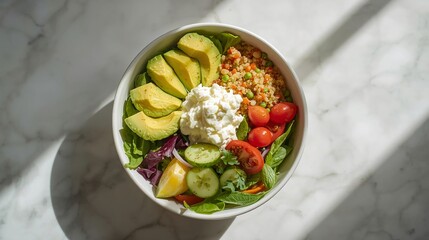 Vibrant, healthy grain bowl bursting with fresh avocado, juicy tomatoes, creamy cheese, crisp cucumber, and refreshing greens, perfect for a nutritious meal.