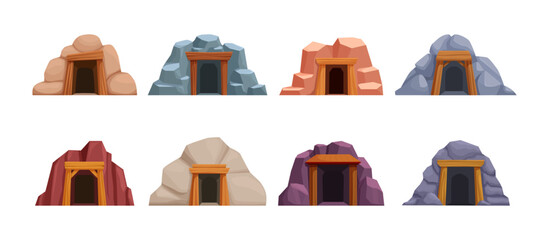 Mine entrances in mountains. Entrance openings with wooden arches, fortifications against falling rocks. Cartoon tunnels caverns or caves, sapid vector set