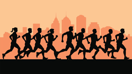 Dynamic silhouette of runners training for marathon against a skyline, promoting fitness, wellness and urban lifestyle with a vibrant, active community