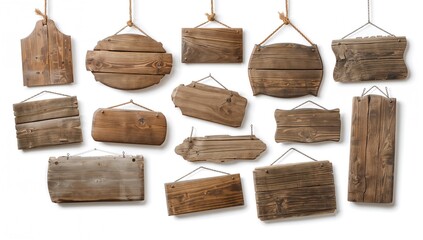variety of blank wooden plaques suspended by a rope and chain against a white backdrop, suitable for signage applications