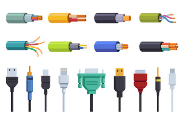 Connectors and cables. Electrical conductors, electric industrial elements with insulation. Energy and power for digital devices, sapid vector set