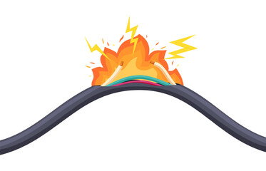Electrical short circuit background. Burning uninsulated cable, household office power grid failure. Damaged wire with fire flame, sapid vector element