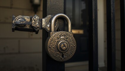 Close-up of a lock securing a dark metal door, illustrating safety and protection