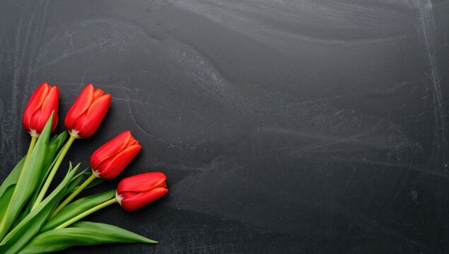 Bouquet of red tulip flowers on a blackboard surface, ideal for a greeting card background, Easter