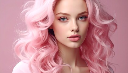 Fototapeta premium Portrait of a young woman with fair skin and flowing, voluminous pink hair, against a soft pink backdrop