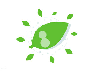 A flat 2D vector illustration showcasing a large, vibrant green leaf, adorned with two clear, perfectly spherical water droplets resting on its surface. Ideal for eco-friendly or nature-themed concept