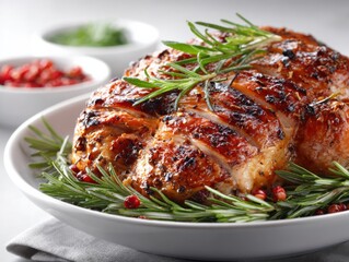 Roasted whole turkey isolated on white background, golden brown skin, delicious cooked poultry, clean studio food photography