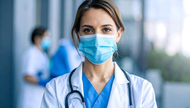 Portrait of healthcare worker in surgical mask and lab coat in a blurred interior - Powered by Adobe