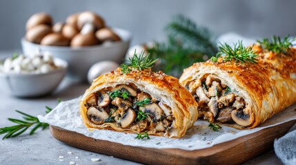 Vegetarian Mushroom Wellington with golden puff pastry on white marble surface, minimalist christmas food photography, elegant modern composition