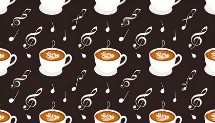 Pattern with cups of latte art and musical notes on a dark brown background. Vector repeat