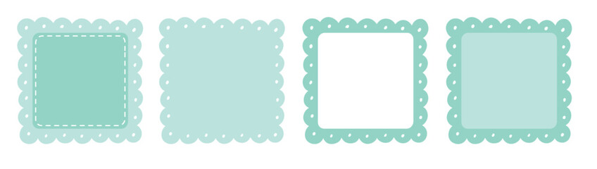 Scalloped Edge Stitched Square Badge Set. Simple label sticker template. Cute vintage frill ornament. Vector illustration isolated on white background.