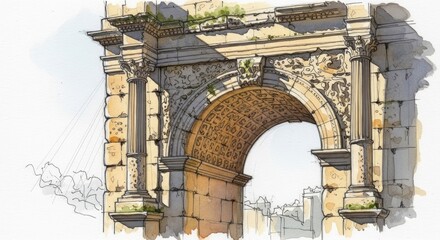Obraz premium Detailed Sketch of Ancient Roman Archway with Ornate Carvings and Stone Columns.