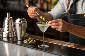 Bartender preparing a classic martini cocktail with olives on a bar counter