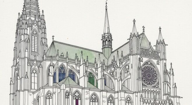 Detailed Line Art Illustration of a Grand Gothic Cathedral with Intricate Architectural Features and Spires.