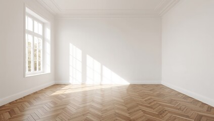 Fototapeta premium Interior of a vacant white space featuring a window and wooden flooring, suitable for minimalistic design