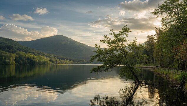 Serene body of water surrounded by lush greenery and rolling hills