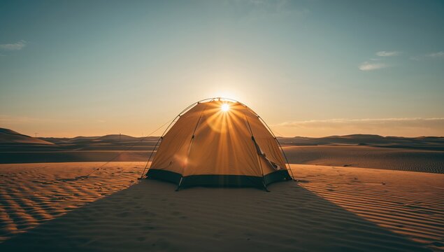 Close-up of an aged camping tent on the beach, bathed in sunset light, evoking a sense of adventure