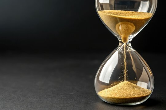 Hourglass with golden sand running through the bulb isolated on black background