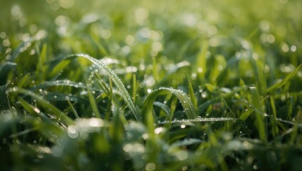 Morning dew on grass blades, soft focus with bokeh effect, seasonal change