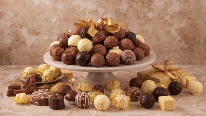 A selection of premium chocolates including white, dark, and milk varieties.