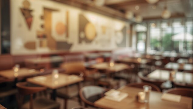 Blurred background of tables and chairs in a dining area, suitable for editorial header background
