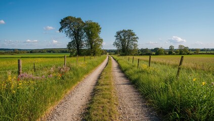 Obraz premium Country Road Covered with Gravel Through Lush Green Summer Meadows