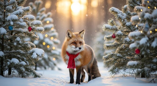 Red fox wearing red scarf standing in snowy forest surrounded by decorated Christmas trees with lights at sunset