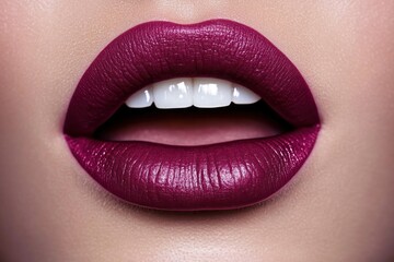 Obraz premium Close-up of lips with smooth purple lipstick and slightly parted white teeth showing a sensual and polished look