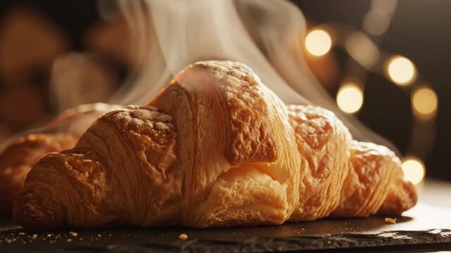 Freshly baked croissants close up with steam and soft lighting