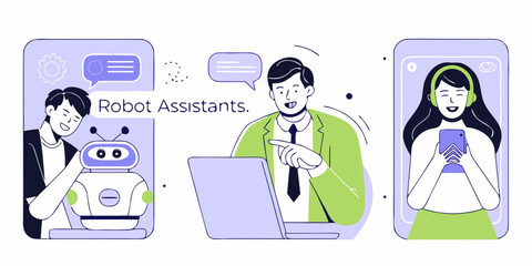 Modern robot assistants helping people with technology and communication in a digital world