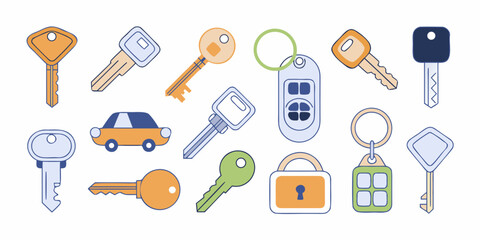 Collection of flat design keys car remote key fob and padlock illustrations on white background