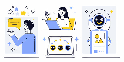 Modern illustration of people and robot interacting with technology and data visualization