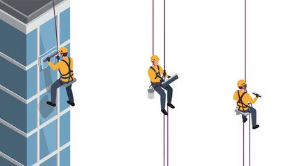 Isometric window cleaners on highrise building