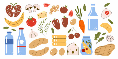 A vibrant collection of fresh food items and drinks illustrated in a charming flat design style