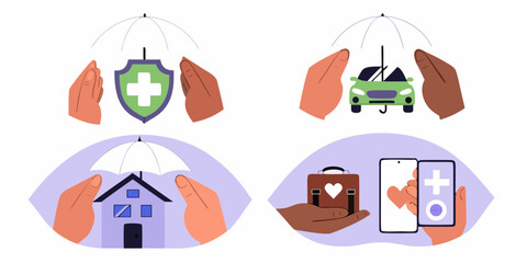 Hands holding umbrellas protecting health car home and digital services for insurance and security