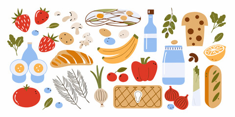 A collection of fresh fruits vegetables bread eggs and drinks in a flat design style